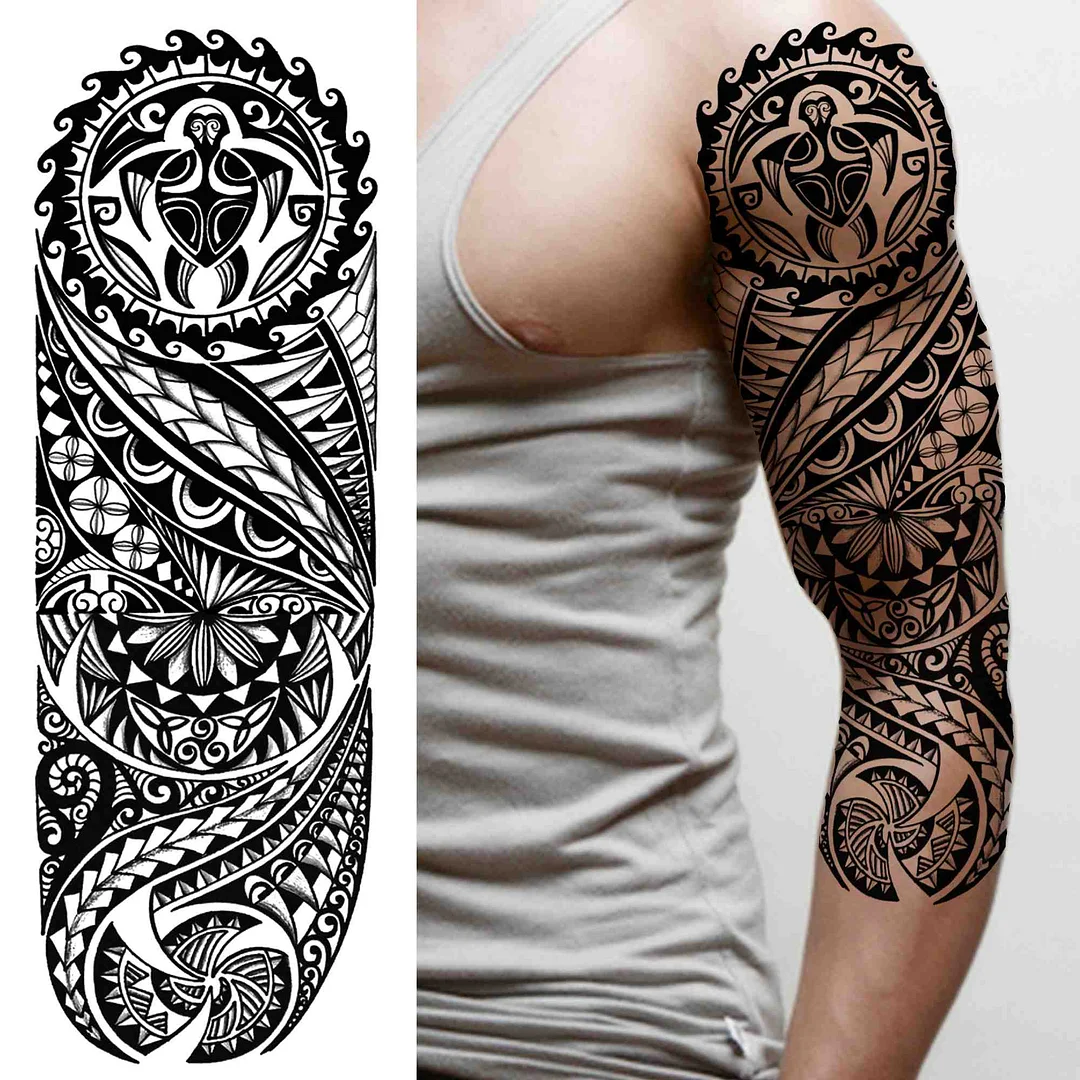 Tribal Maori Temporary Tattoo Sleeve For Men Women Adult Wolf Lion Tattoos Sticker Black Large Turtle Tiki Fake Tatoos Supplies 530-1