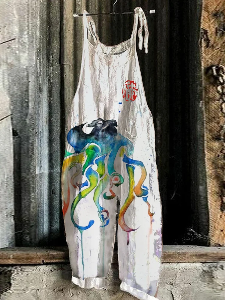 Japanese Colored Octopus Linen Blend Loose Casual Jumpsuit