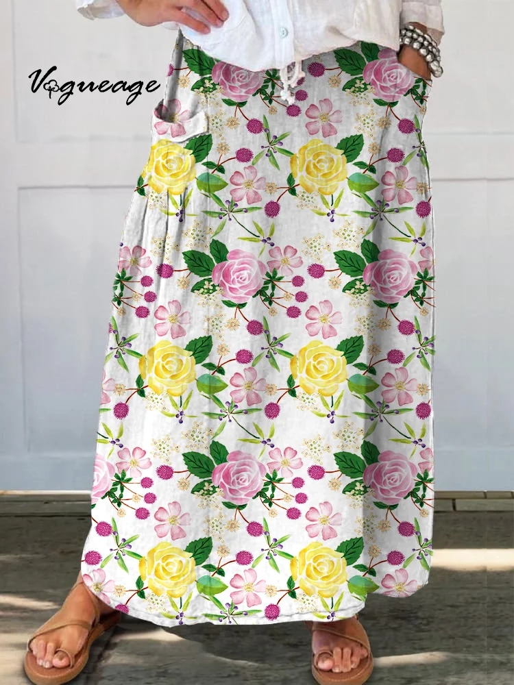 Bright And Casual Fashion Flowers Printed Women's Casual Cotton And Linen Skirt
