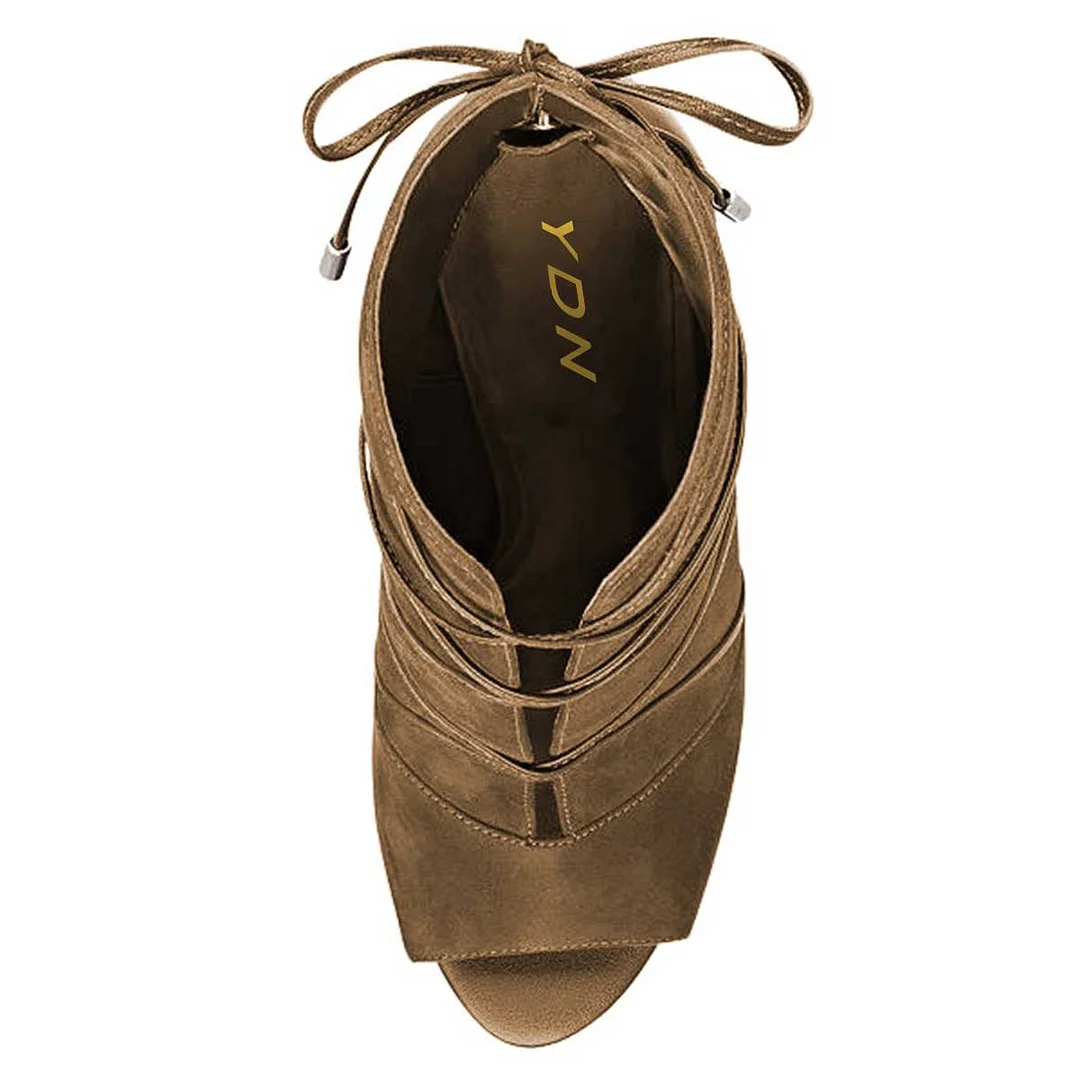 Faux Suede Peep Toe Back-Zip Stiletto Heel Ankle Booties in Brown