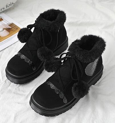 Brown/Black Sweet Plus Velvet Warm Non-slip Cute Love Hairball Kawaii Snow Boots BE521