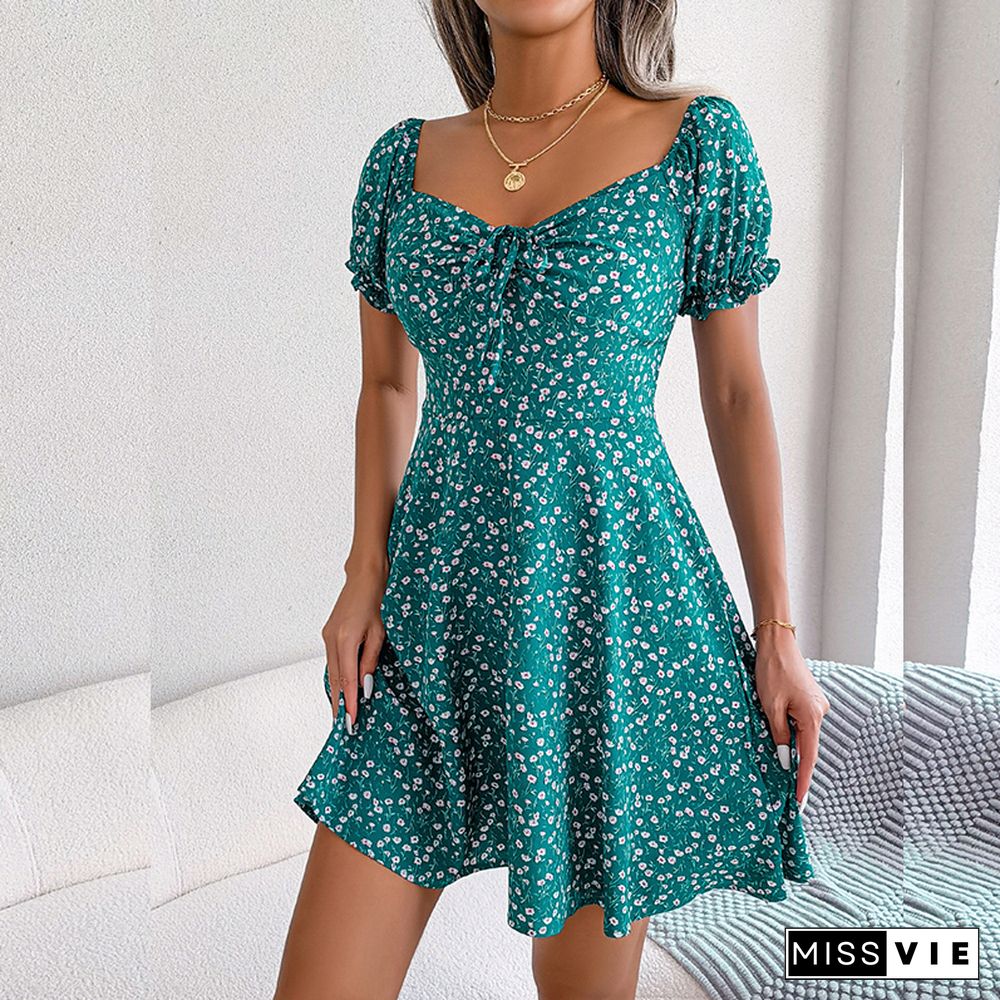 Elegant Floral Print Dresses For Women Summer Dress New Casual V-Neck Short Puff Sleeve High Waist Swing Mini Dress
