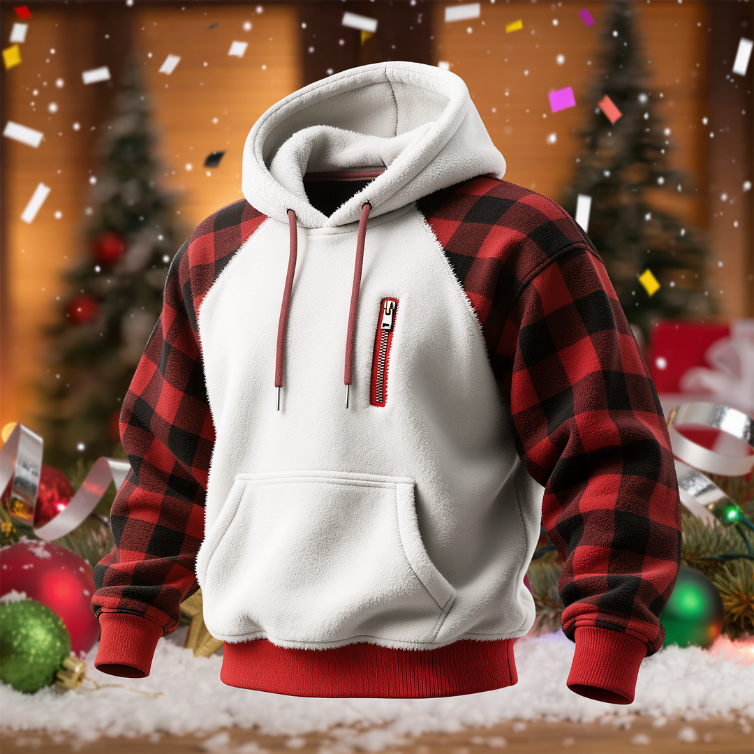 3D Print Men's Plush Stitching Christmas Plaid Warm Hoodie-inspireuse