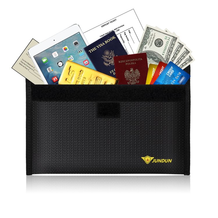 JUNDUN Fireproof Money Bag, Fireproof Waterproof Cash Bag - Black (10.2 x 6 inch)