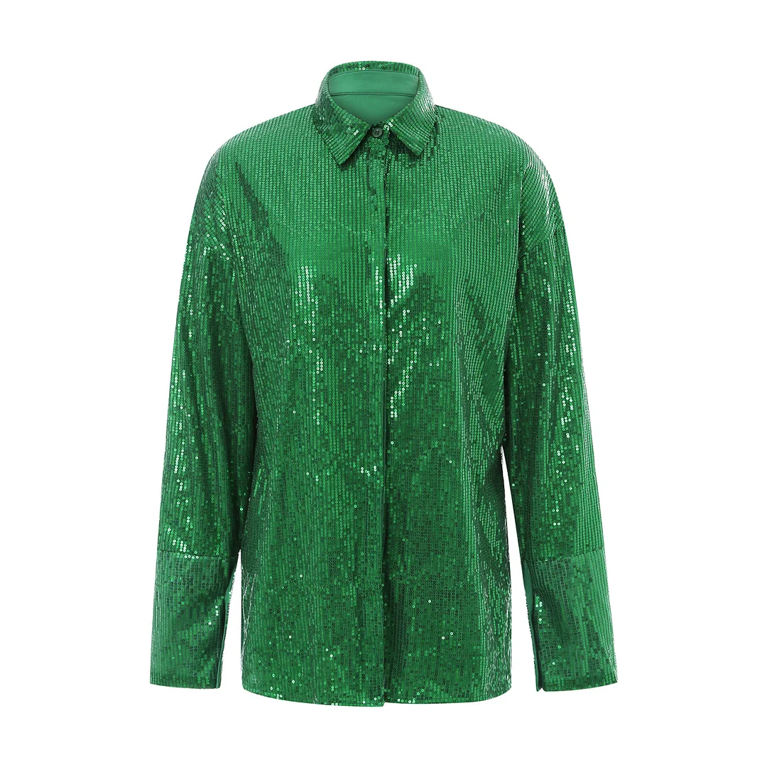 Huibahe Women's Y2K Sequin Button Down Shirt Blouses Long Sleeeve Sparkle Glitter Top Jacket Party Clubwear Streetwear
