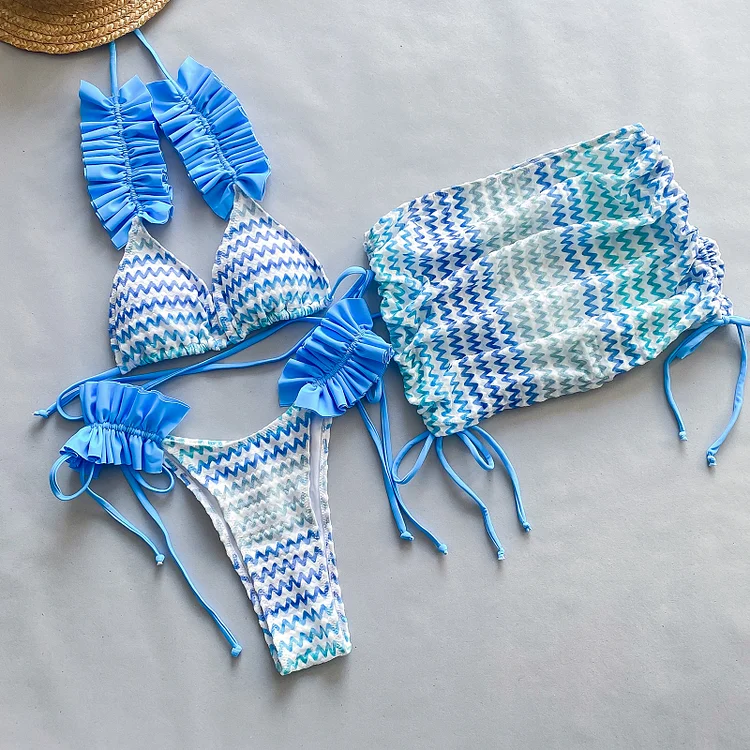 Pleated Lace Wave Pattern Three-piece Bikini Swimsuit