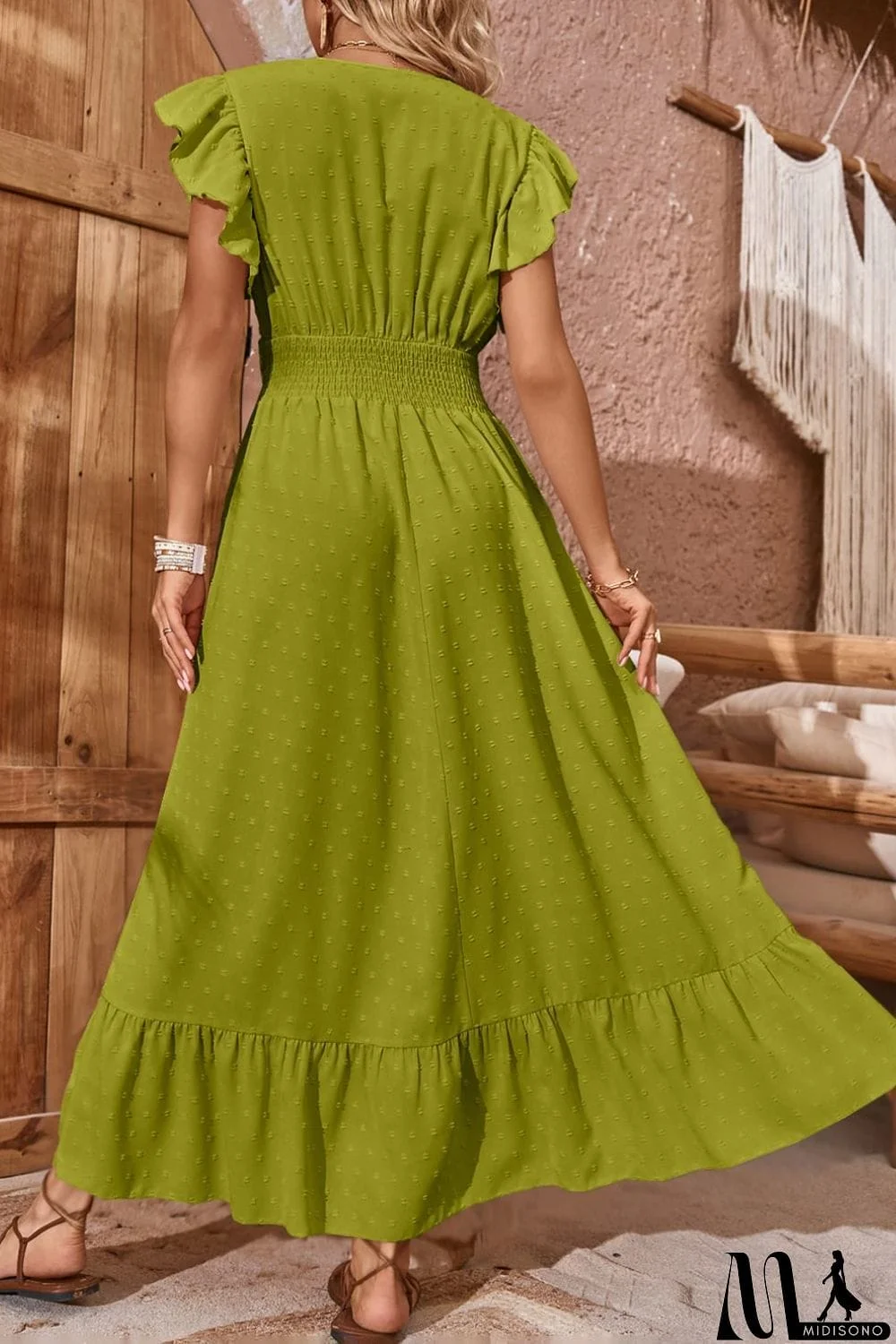 MidiSono - Swiss Dot V-Neck Flutter Sleeve Dress