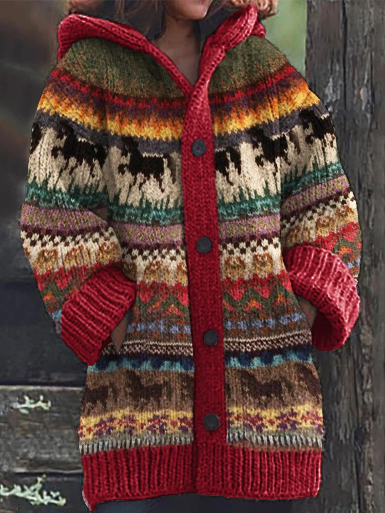 Running Horses Colorful Isle Cozy Knit Hooded Cardigan