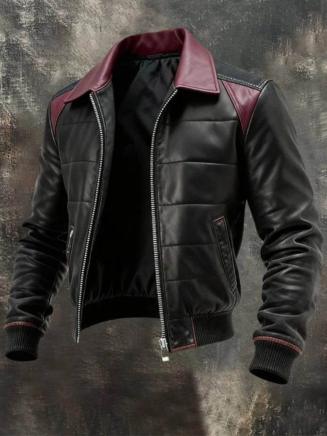 Herren Retro Leder Steppjacke mit Baumwollfutter, warmem Rei&szlig;verschluss und Rei&szlig;verschluss 