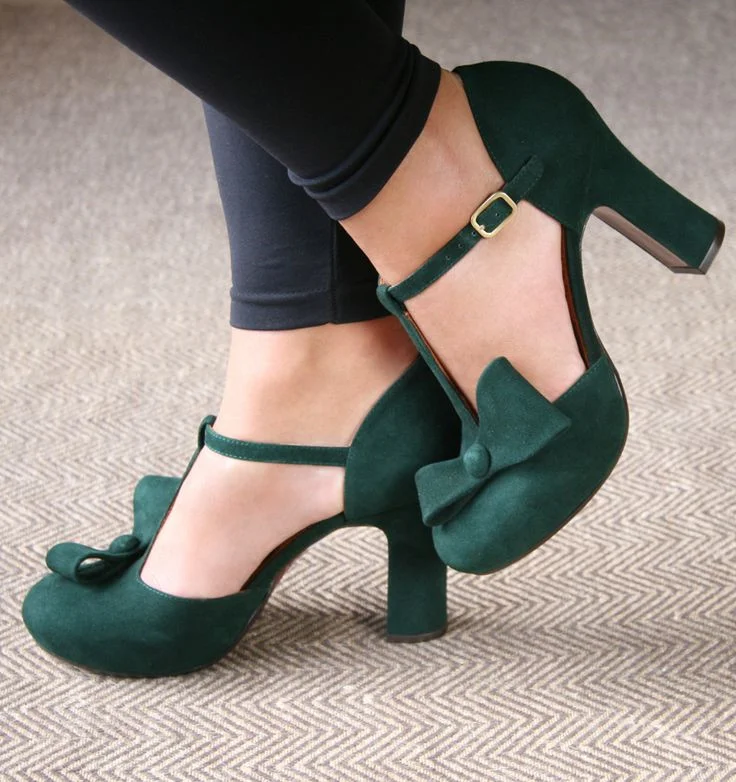 Green Bow T-strap Chunky Heel Sandals Vdcoo