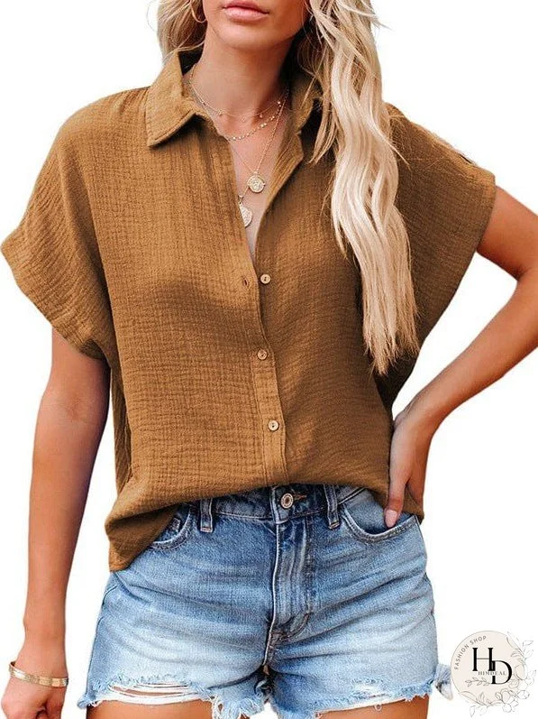 Versatile Solid Collar Loose Fit Blouse with Short Sleeves