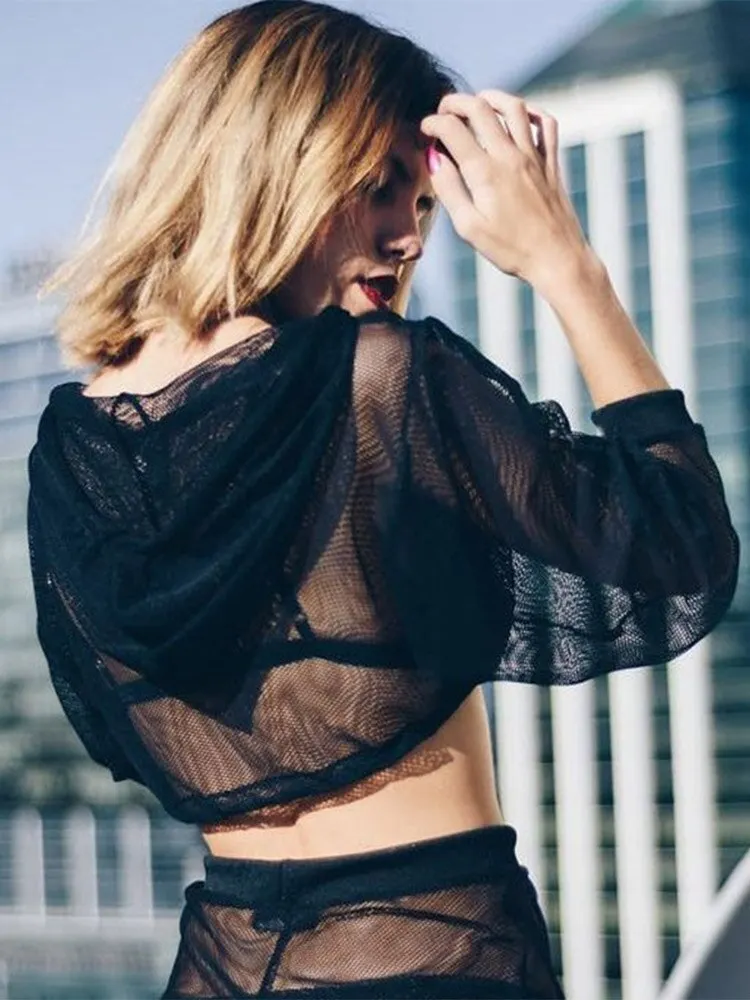 Womens Hollow Mesh Net Hooded T-Shirt Short Sleeve Tee Tops Transparent Black Swxy Clubwear Party 