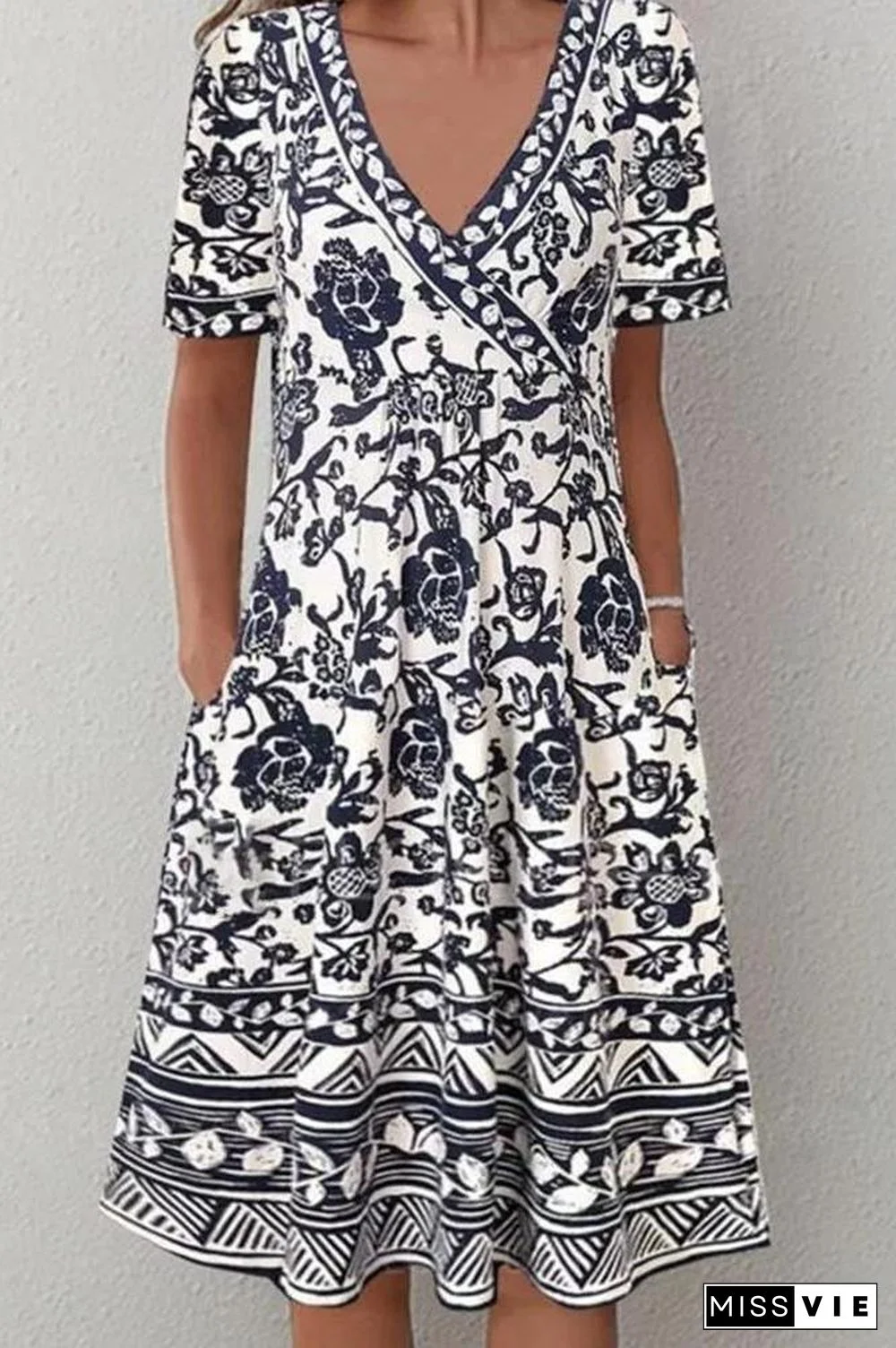 Vintage Printed Midi V-Neck Dress