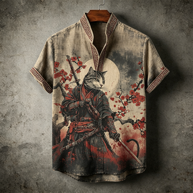 Comstylish Men's Japanese Bloody Cat Samurai & Plum Blossom Linen Shirt