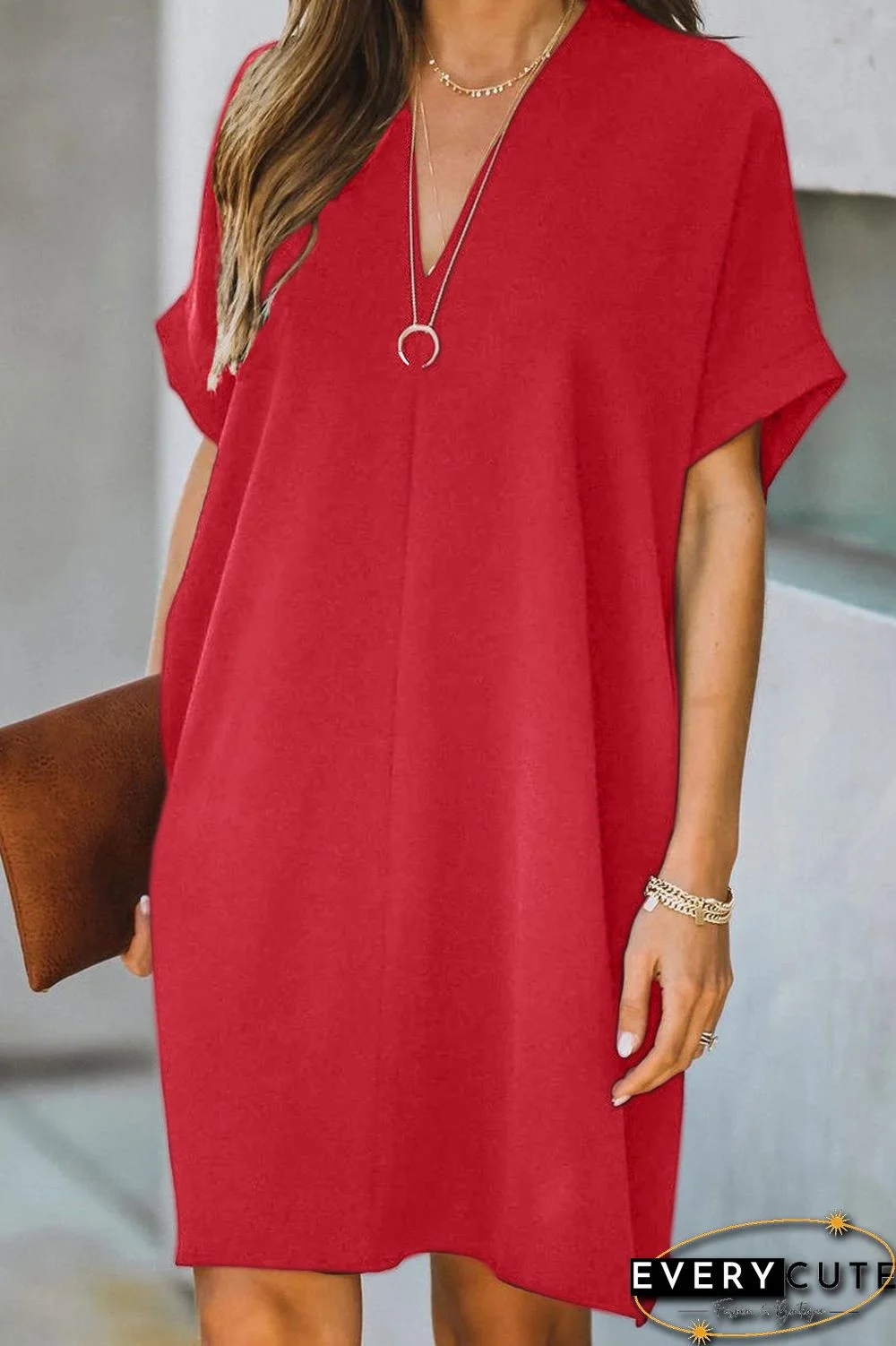 Solid Color V-Neck Loose Midi Dress