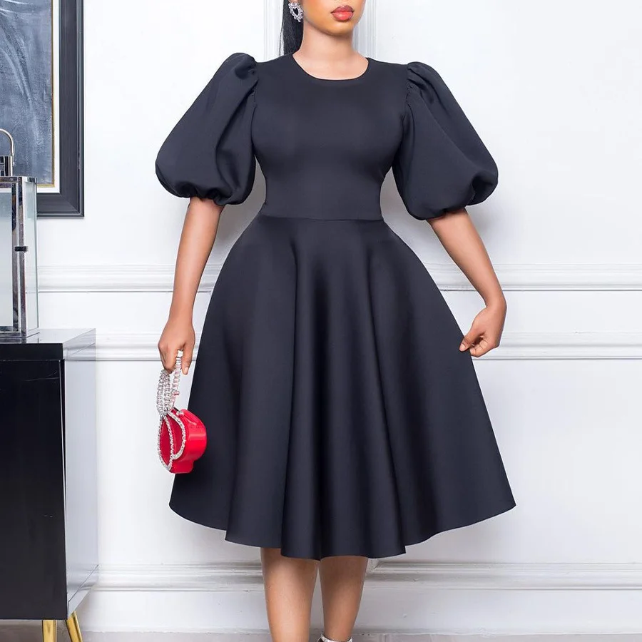 Puff Sleeve High Waist Big Swing Party Dress - Black