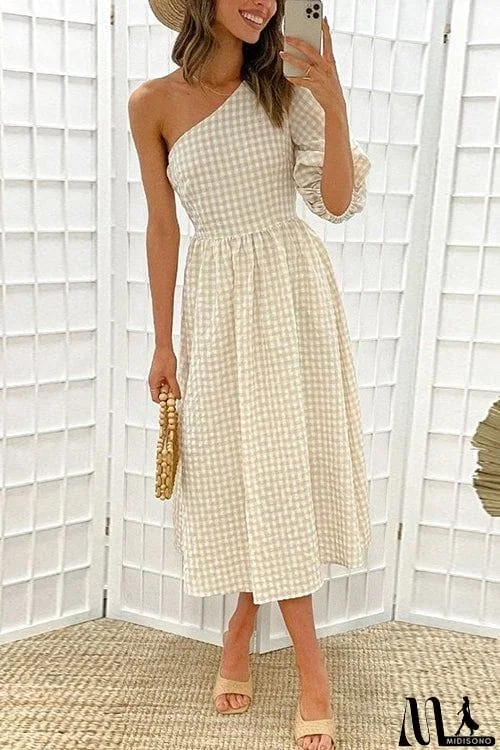 MidiSono - Plaid Puff One Shoulder Midi Dress