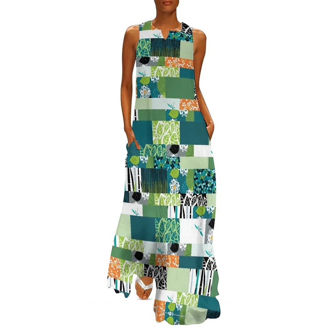 Style & Comfort for Mature Women Plus Size Printed Sleeveless Casual Women Maxi Dress with Pockets in Pattern Green, Orange, Vintage, Graffiti