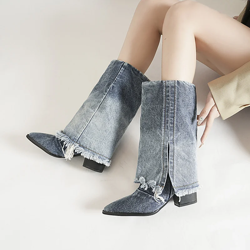Breakj Breakj Denim Folded Tuxedo Sharp-Headed High-Heeled Shoes West Boots Low-Tender Trouser Tube Boots Short Boots Girl