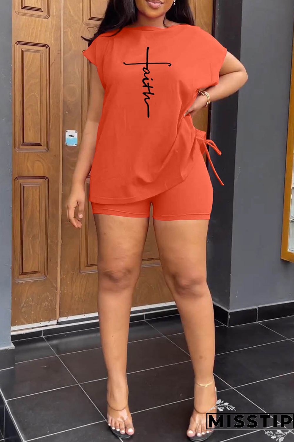 Orange White Casual Print Basic O Neck Short Sleeve Two Pieces