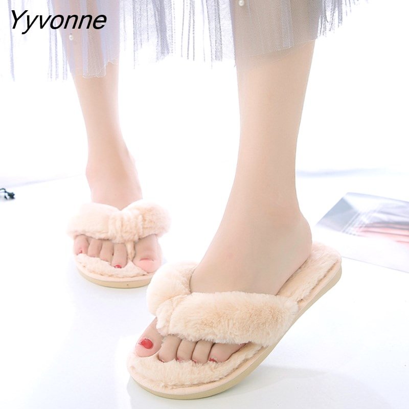 Yyvonne Women 2022 Winter Female Flip Flop Fashion Plus Size Soft Furry Slippers Women Non Slip Indoor Floor Slides Zapatos Mujer