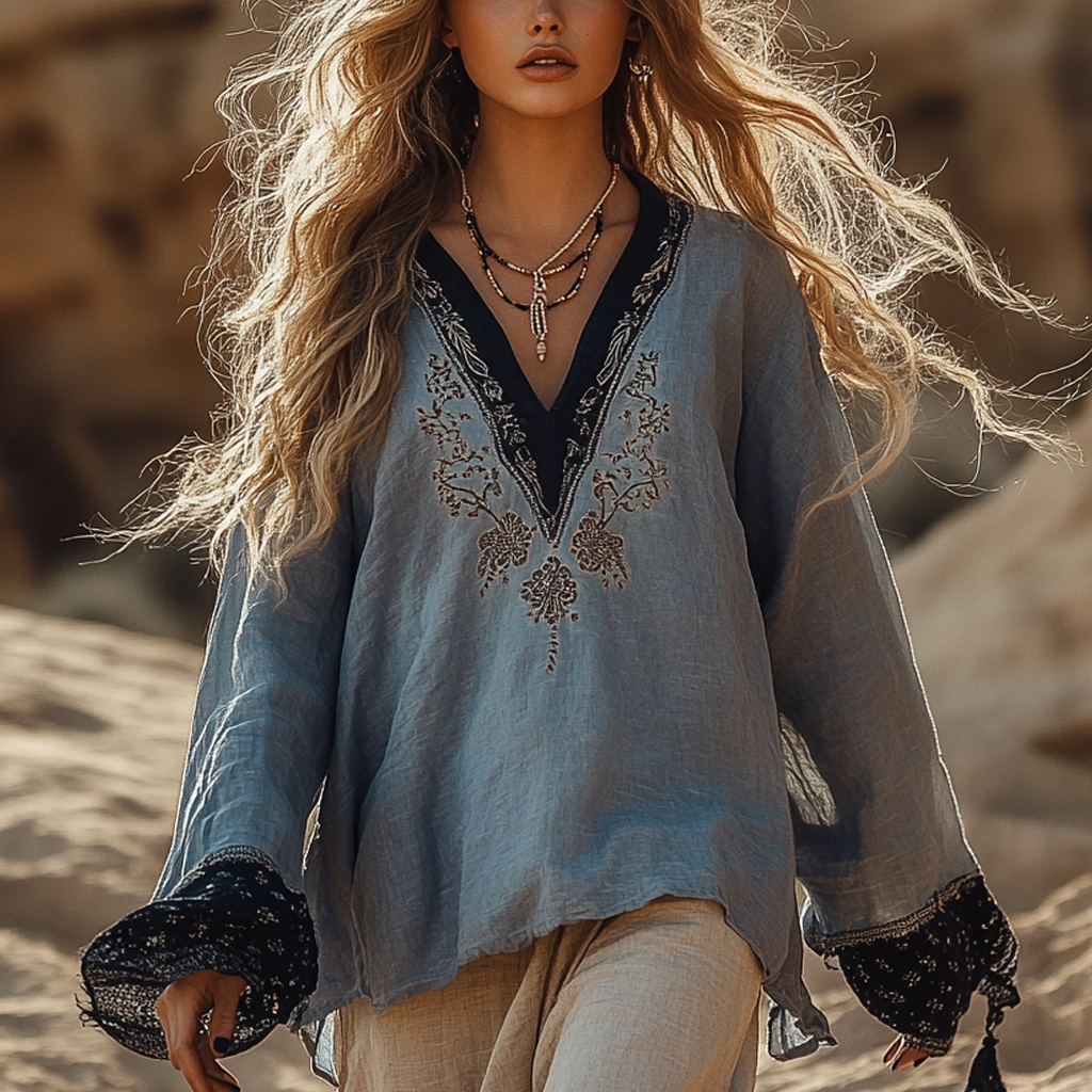 Desert Style Holiday Bohemian Vintage Linen Casual Top