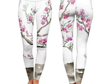 Pornhint Cherry Blossom Leggings - Designer Clothing - Sakura Tree Painting - Artistic All Over Printed Leggings