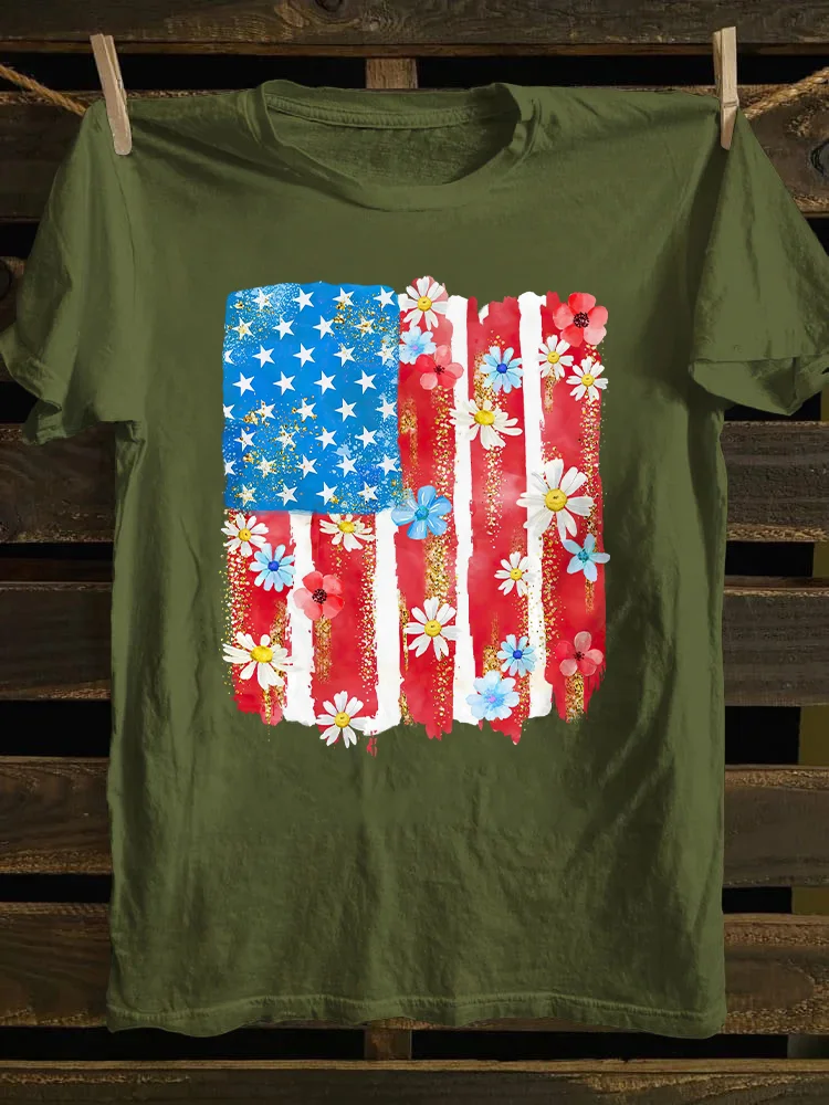 Flower Brushstroke America Flag T-shirt
