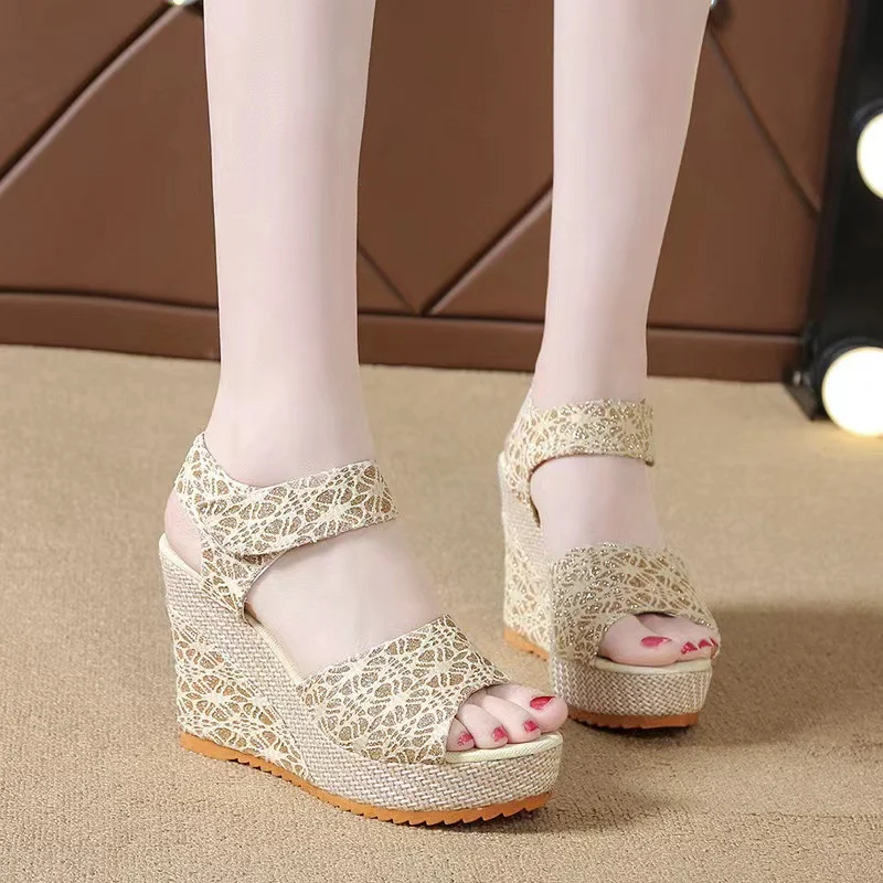 Breakj Breakj Summer New Slope And Fish Mouth Sandals Women's Casual Loose Cake Thick-Sed High-Heeled Magic Sticker Women's Shoes