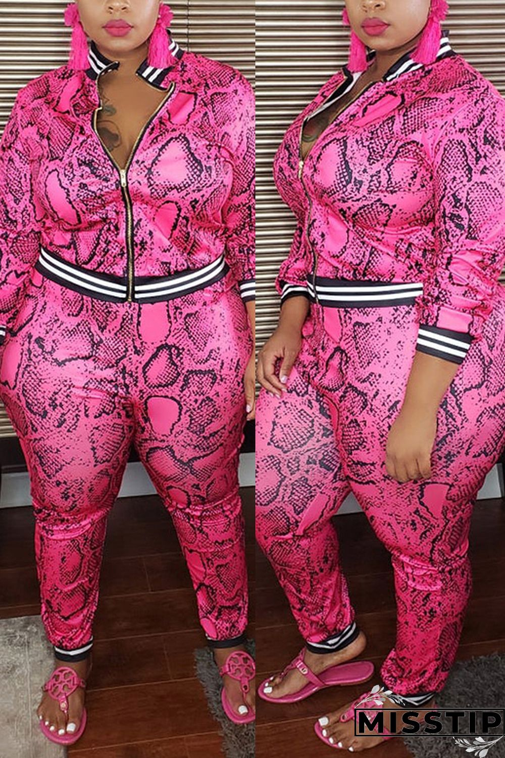 Pink Fashion Casual Zipper Collar Long Sleeve Regular Sleeve Print Plus Size Set Dress