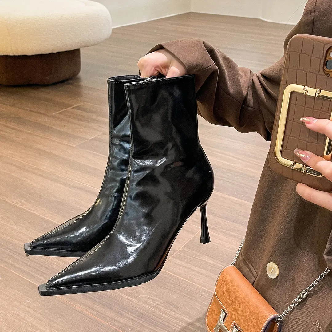 Churchf Churchf Pointed Short Boots Children 2024 New Temperament High-Heeled Shoes Painted Leather Thin Boots