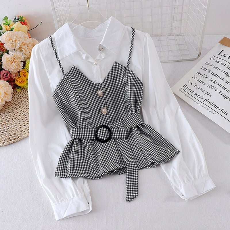 Spring Autumn Women's Shirt Korean Striped Suspender Solid Color Long-Sleeved Blouse New Fake Two-Piece Tops LL830