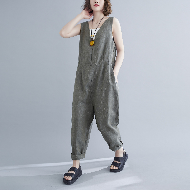 Loose Gray Literary Pleated Pocket Jumpsuit