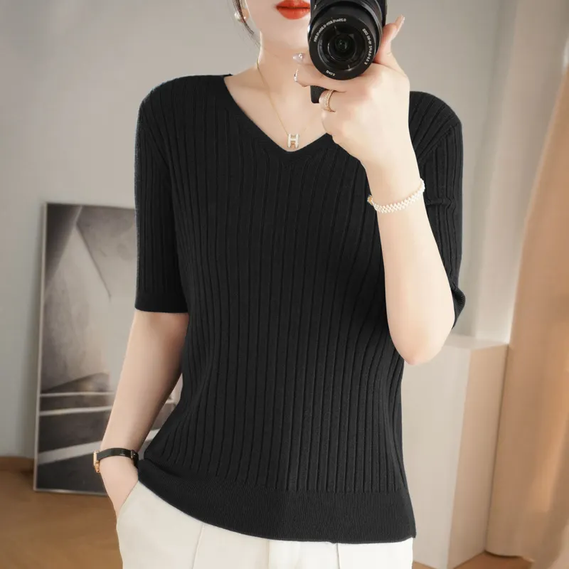 Churchf Churchf The Summer Of 2024, Women's Knit Short Sleeve Korean V-Neck Solid Color T-Shirt And A Pit Top