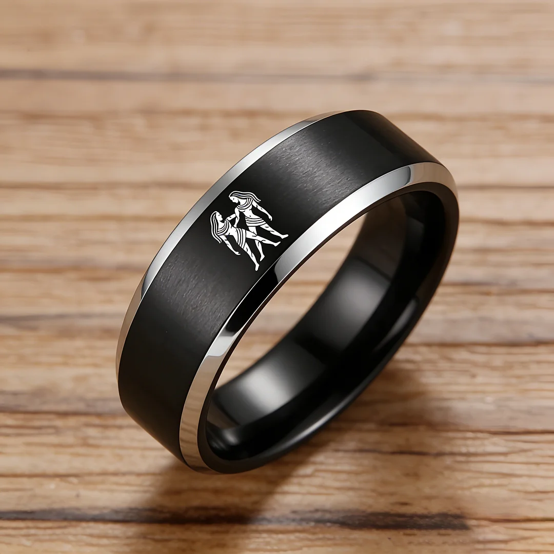 Black Gemini Tungsten Carbide Rings Beveled Edges Black Laser Etched Couple Wedding Bands 4MM 6MM 8MM Width