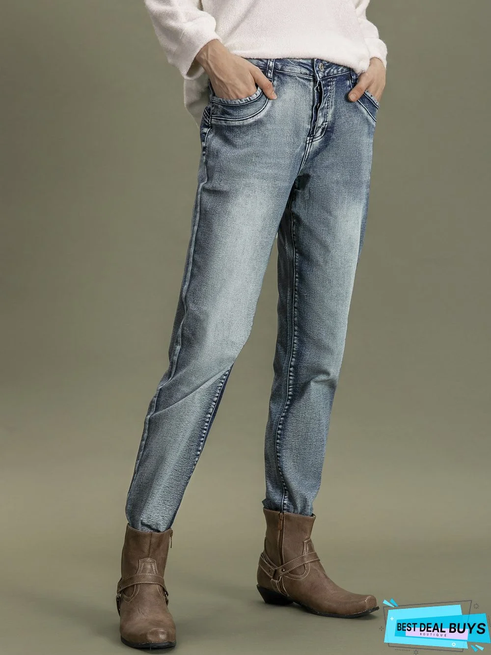 Blue Denim Simple Solid Pockets Jeans