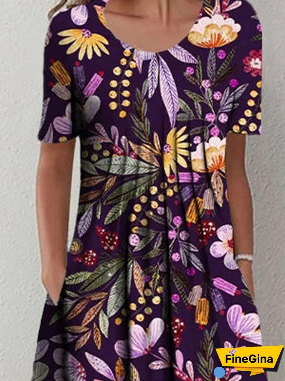 Women Short Sleeve Scoop Neck Floral Printed Pockets Midi Dress