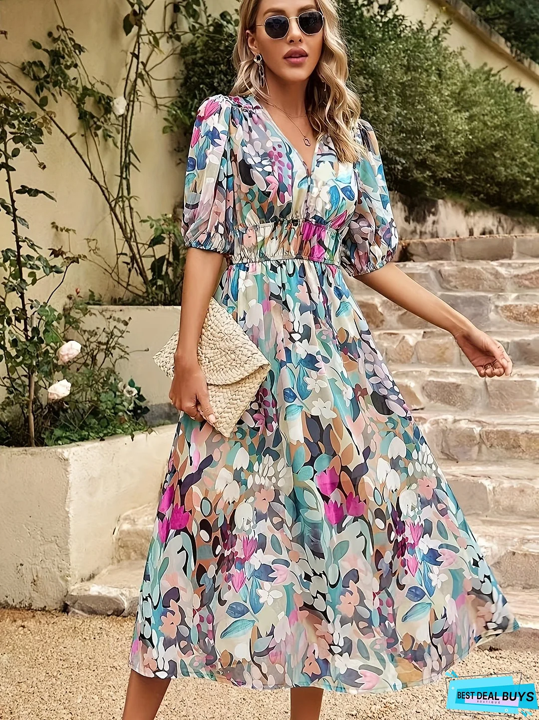 Floral Print V Neck Dress, Boho Short Sleeve Ruched Waist Dress For Spring & Summer, Women's Clothing