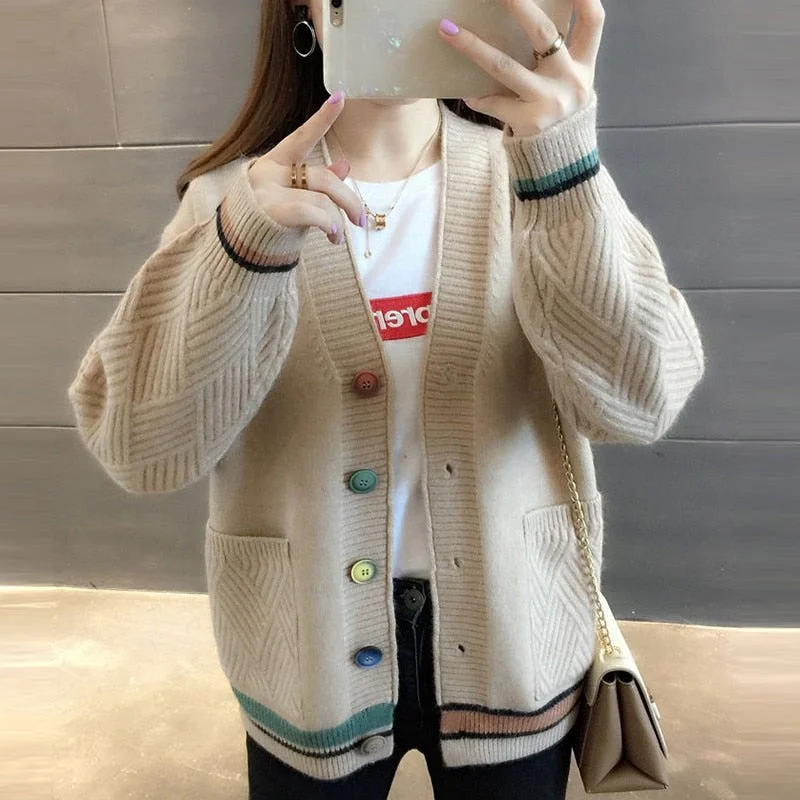 New 2021 Autumn and Winter Women Sweater Casual Cardigan Korean Vintage V-neck Single-Breasted Knitted Cardigan Female 10910