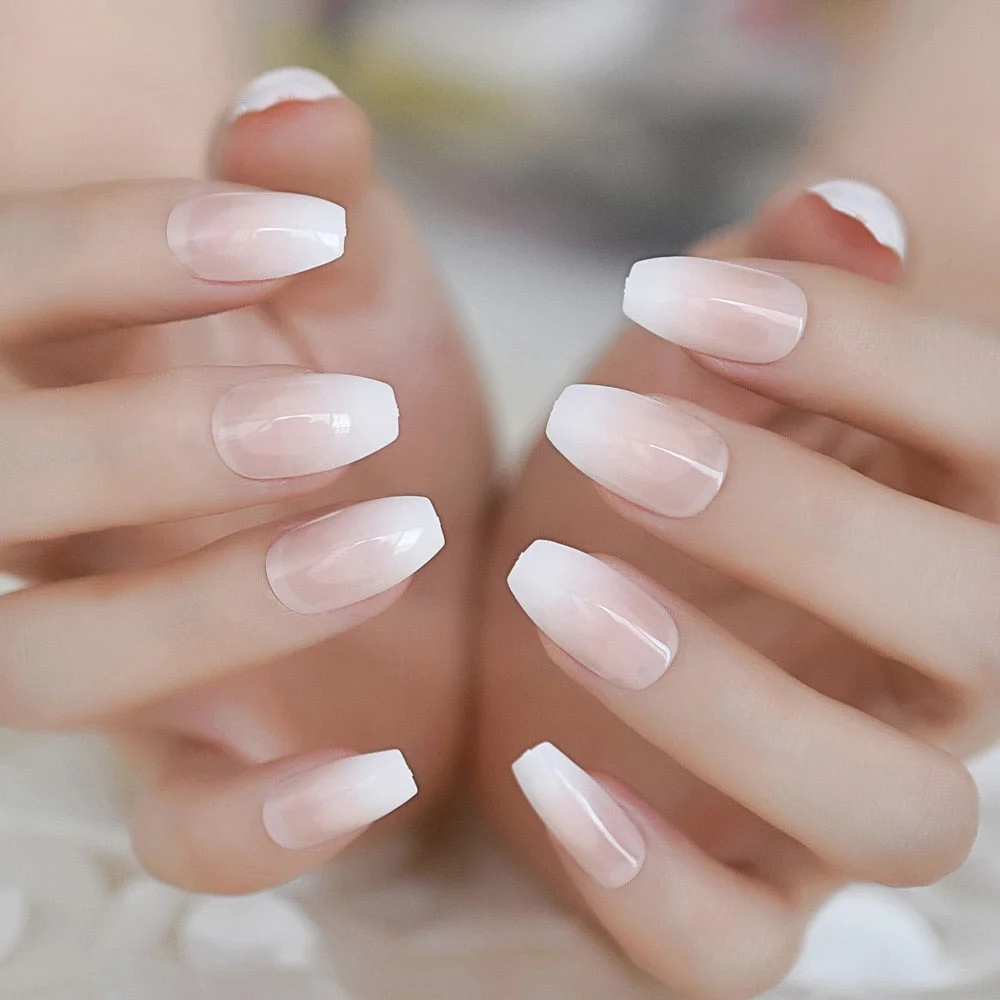 Ombre French Tip Extra Long Ballerina Shape False Press on Natural Nails White Gradient Nude Coffin Tips with Adhesive Tabs 24-Nail Inspo