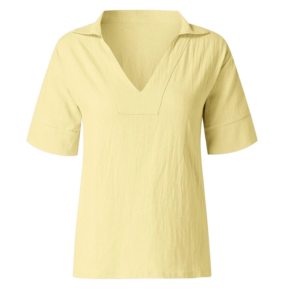 Plus Size Fashion Cotton Linen Blouse Sexy Loose V-Neck Tops Tee Casual Summer Ladies Female Women Short Sleeve Blusas Pullover