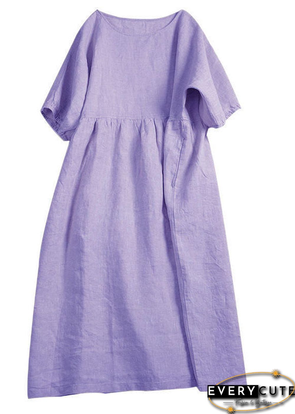Handmade Apricot Solid O-Neck Wrinkled Patchwork Linen Dress Summer