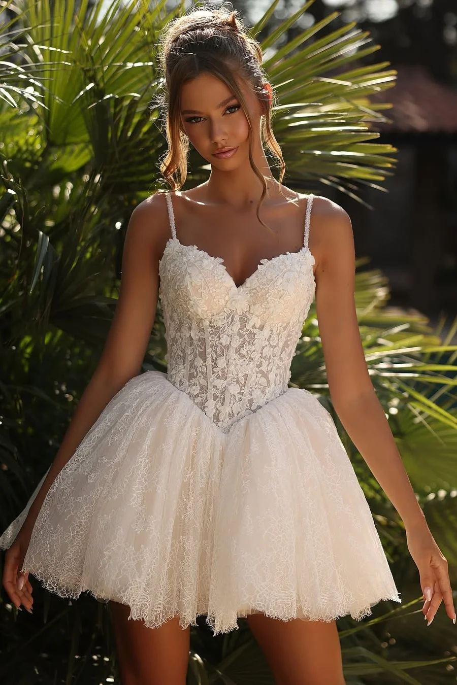 Daisda White Sleeveless Spaghetti Straps Embroidery A-line Homecoming Dress