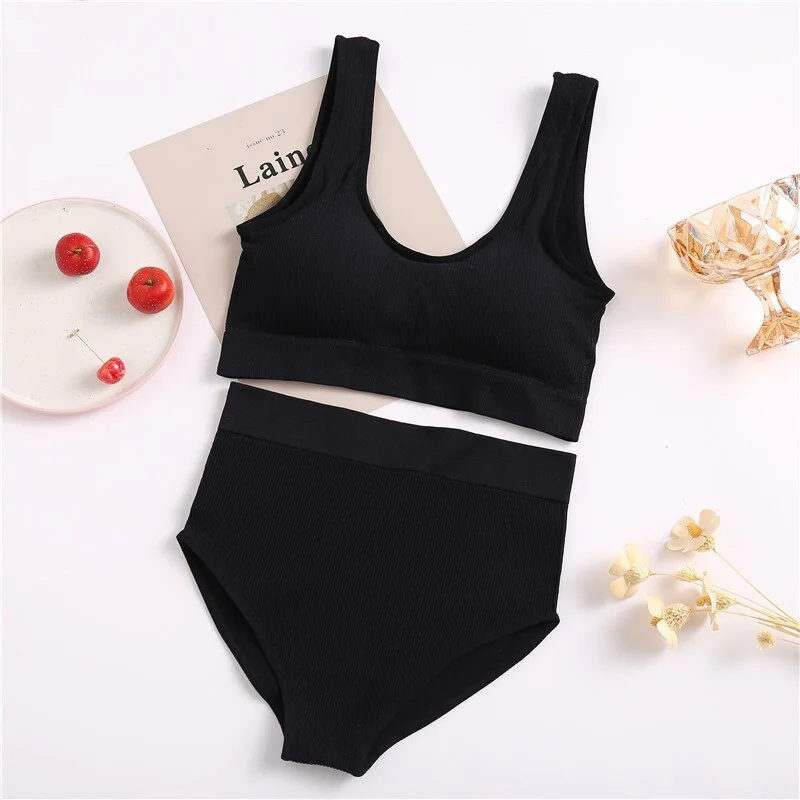 Seamless Crop Top Bra Set High Waist Panties Women Wireless Underwear Suit Padded Bra Set Backless Bralette Lingerie for Female