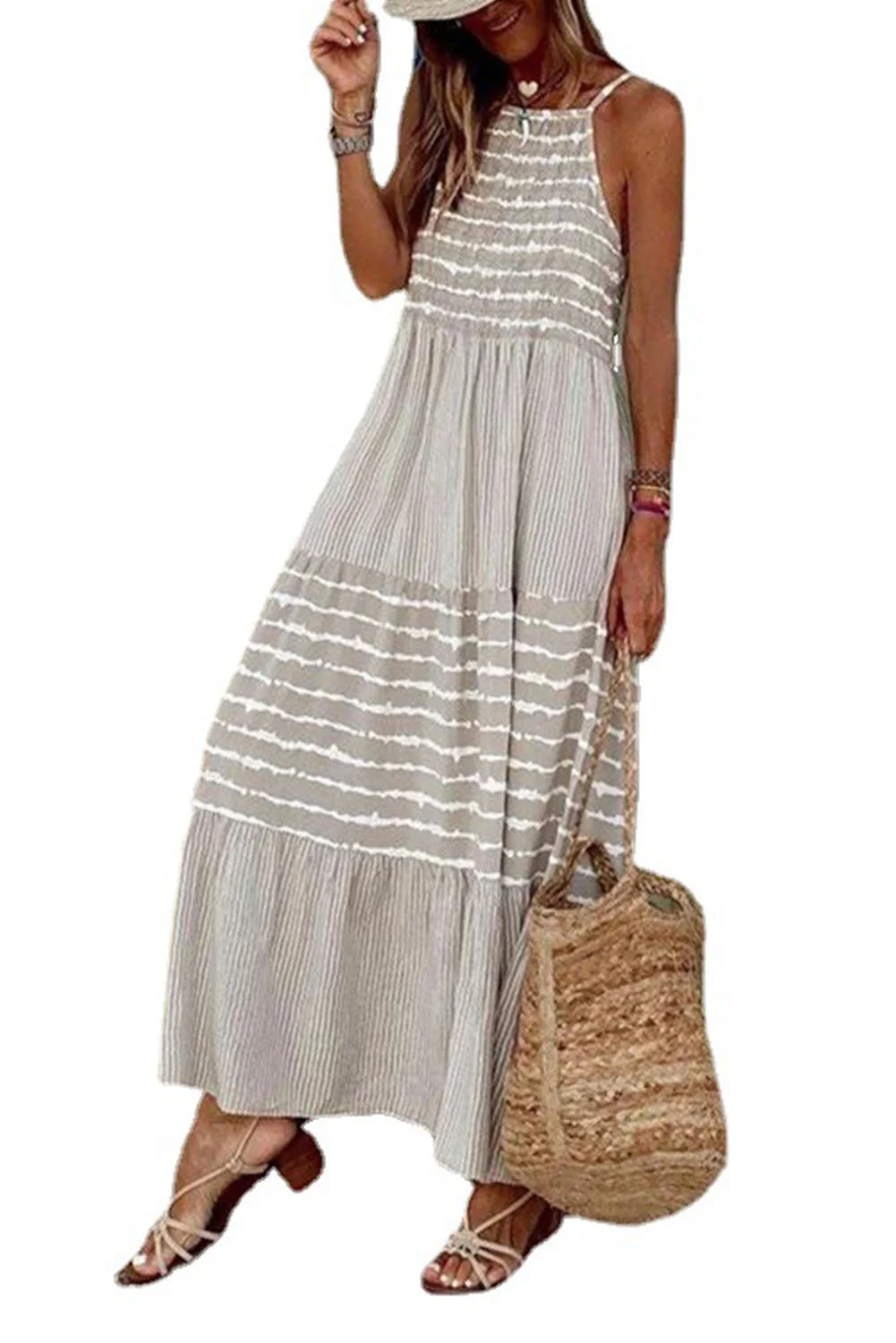 Women Gray Stripe Patchwork Halter Neck Maxi Dress