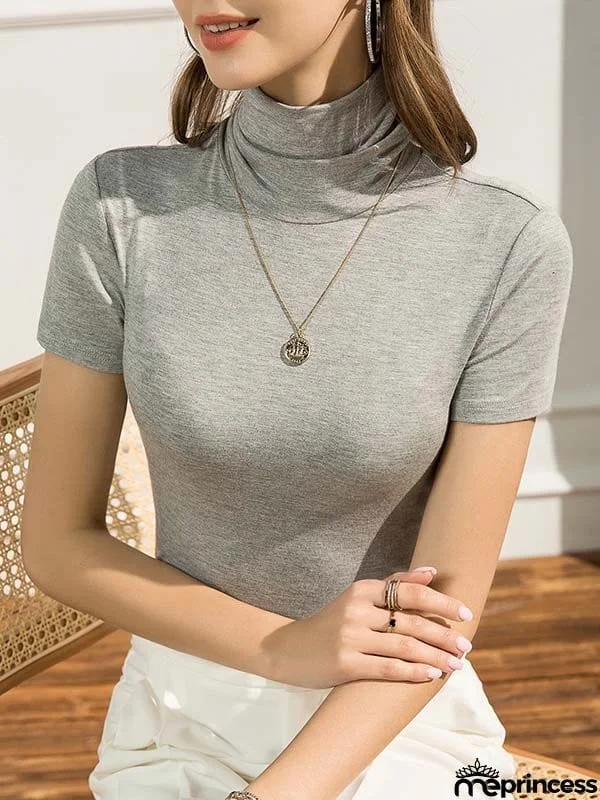Casual Skinny Short Sleeves Solid Color High-Neck T-Shirts Tops