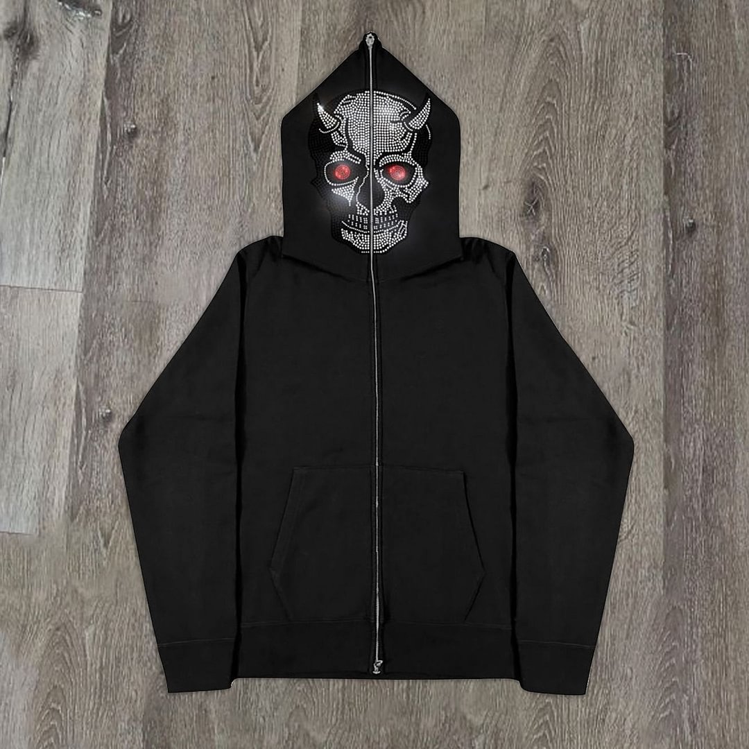 Street retro skull print full zip hoodie
