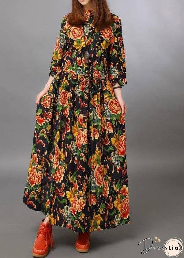 Loose Stand Collar Half Sleeve Spring Tunics For Women Black peony Maxi Dresses
