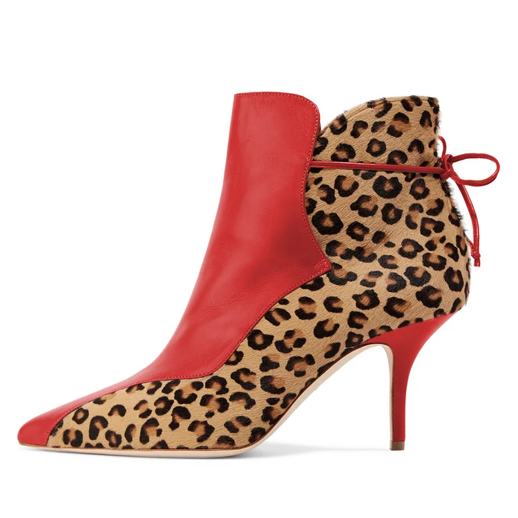 Red and Leopard Booties Pointy Toe Back Lace Up Haircalf Ankle Boots |FSJ Shoes