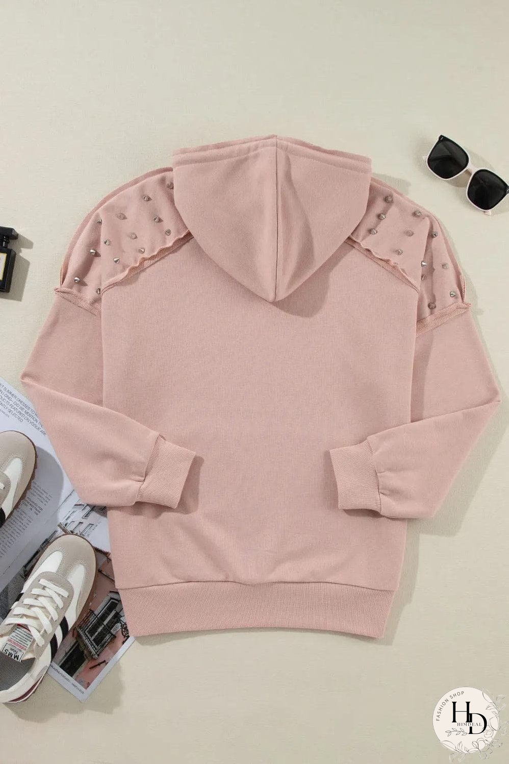 Fushia Solid Color Rivet Stud Raglan Sleeve Hoodie with Pocket